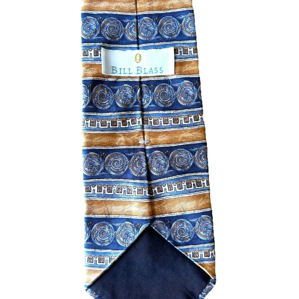 VTG 80s 90s Bill Blass Silk Tie Ivy League Blue Tan Classic Geometric Pattern